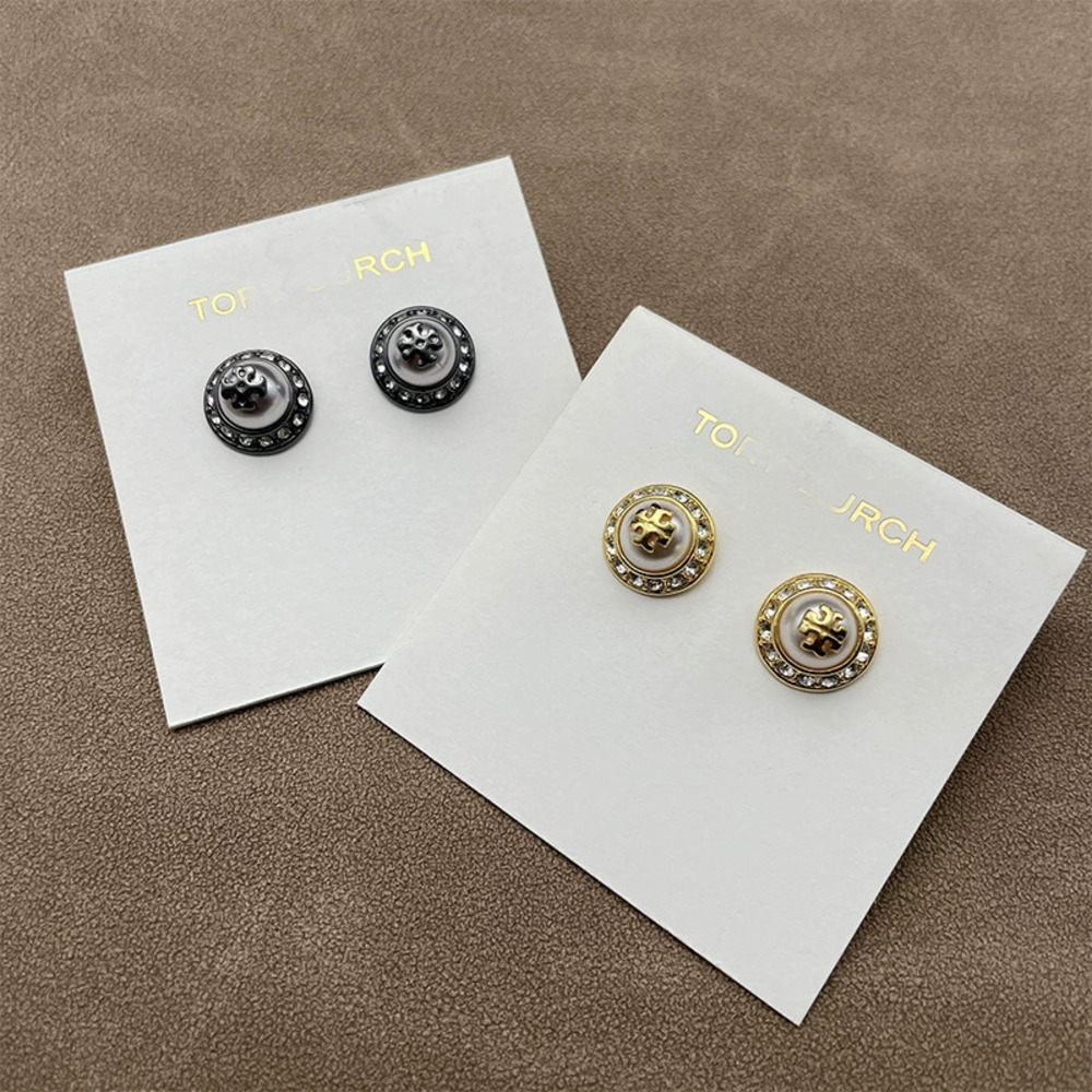 Tory Burch Faux Pearl Double Pave Round Stud Earrings Letter